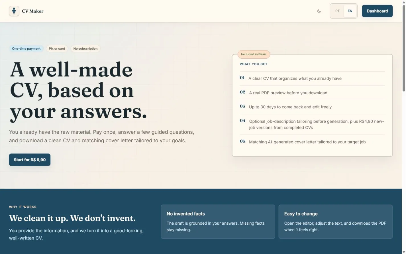 CV Maker homepage showing the product and its plans, July 2026.